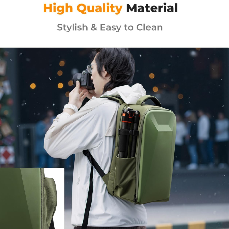 Organised photography backpack with sections for cameras lenses and accessories