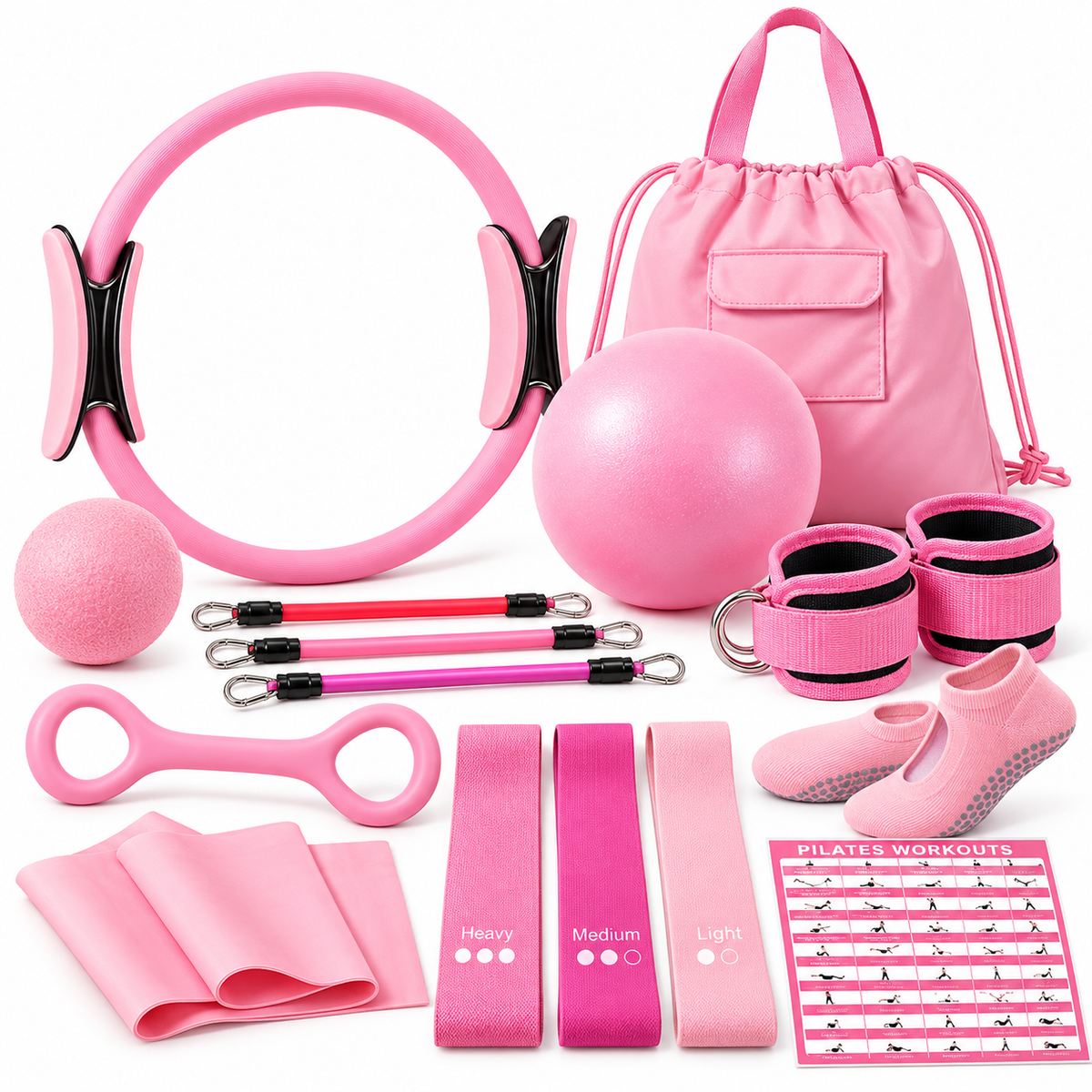 Pilates home workout set for women featuring a fitness ring, exercise ball and resistance accessories.