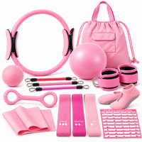 Pilates home workout set for women featuring a fitness ring, exercise ball and resistance accessories.