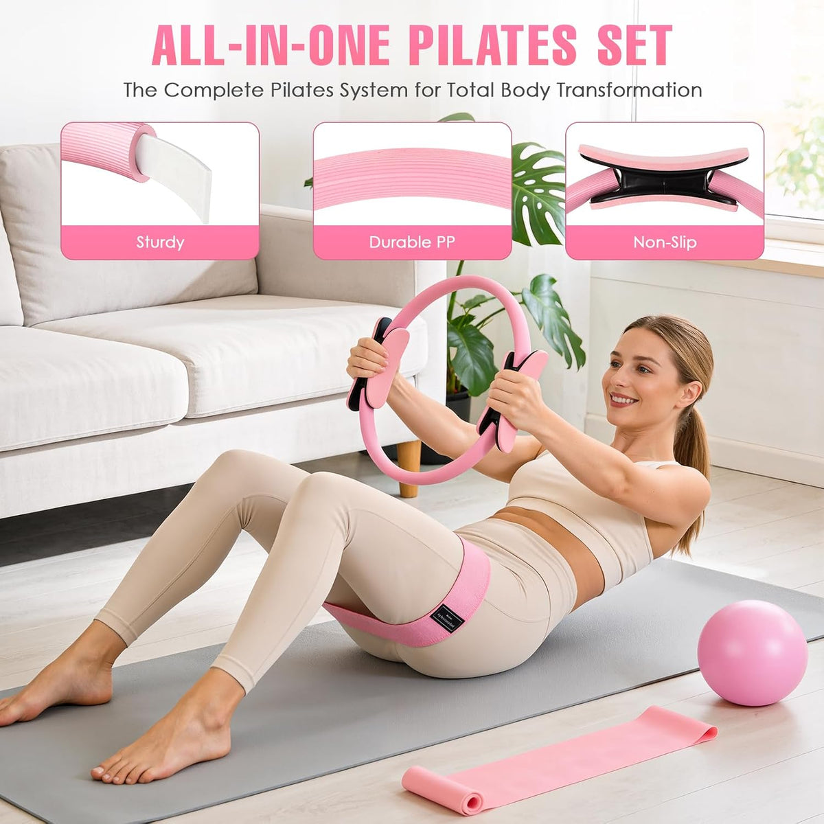 Pilates ring included in a home fitness equipment kit for controlled resistance exercises.