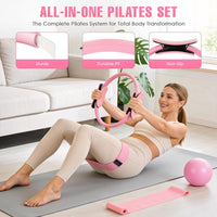 Pilates ring included in a home fitness equipment kit for controlled resistance exercises.
