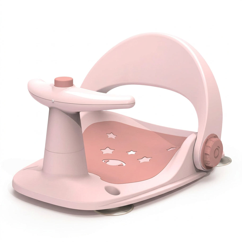  Pastel pink baby bath seat with curved backrest, front support handle and star-patterned seating area on a white background.