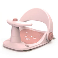  Pastel pink baby bath seat with curved backrest, front support handle and star-patterned seating area on a white background.