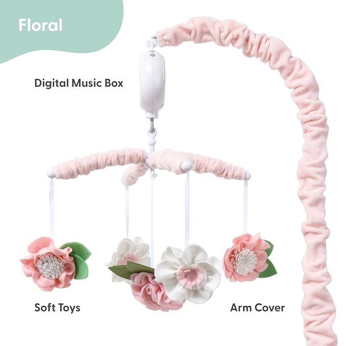 Pink baby cot mobile attached to a compatible crib rail