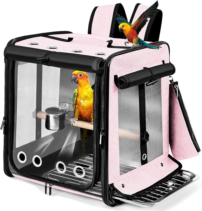 pink bird travel carrier backpack with stainless steel mesh, tray, and perch