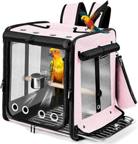 pink bird travel carrier backpack with stainless steel mesh, tray, and perch