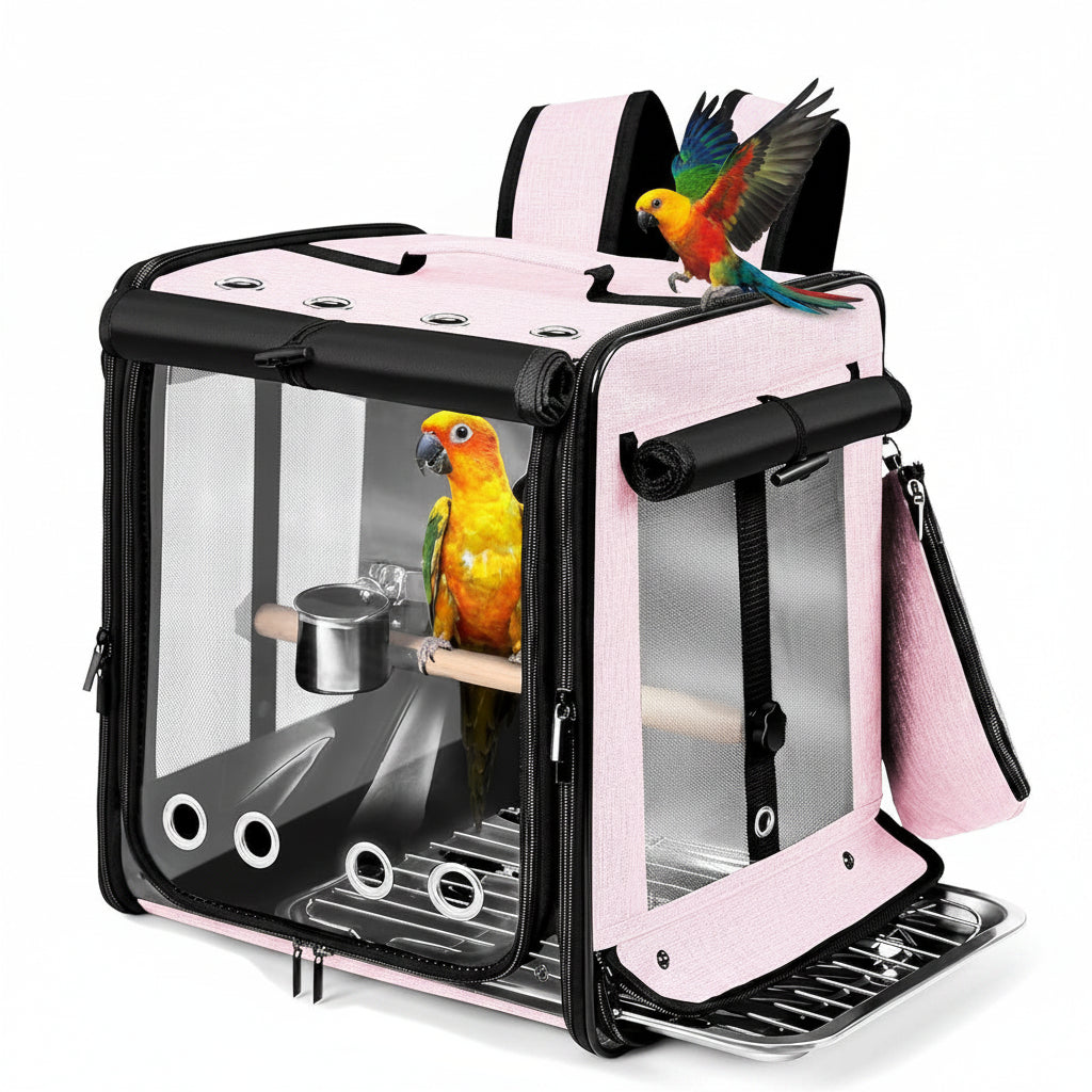 Pink bird carrier backpack with simple carrier design for small birds.