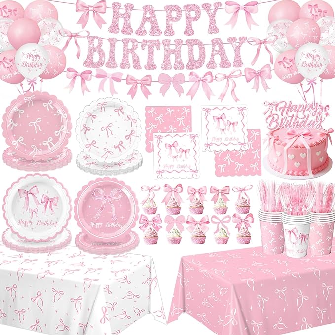 Pink Bow Birthday Decorations Set, includes plates, cups, napkins, and more