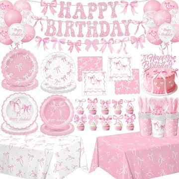 Pink Bow Birthday Decorations Set, includes plates, cups, napkins, and more