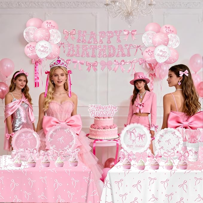Pink Bow Birthday Decorations Set, includes plates, cups, napkins, and more