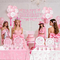 Pink Bow Birthday Decorations Set, includes plates, cups, napkins, and more