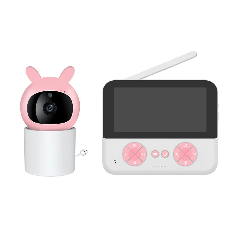  Pink bunny-shaped baby monitor camera with white cylindrical base and matching parent display on a white background.