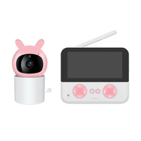  Pink bunny-shaped baby monitor camera with white cylindrical base and matching parent display on a white background.