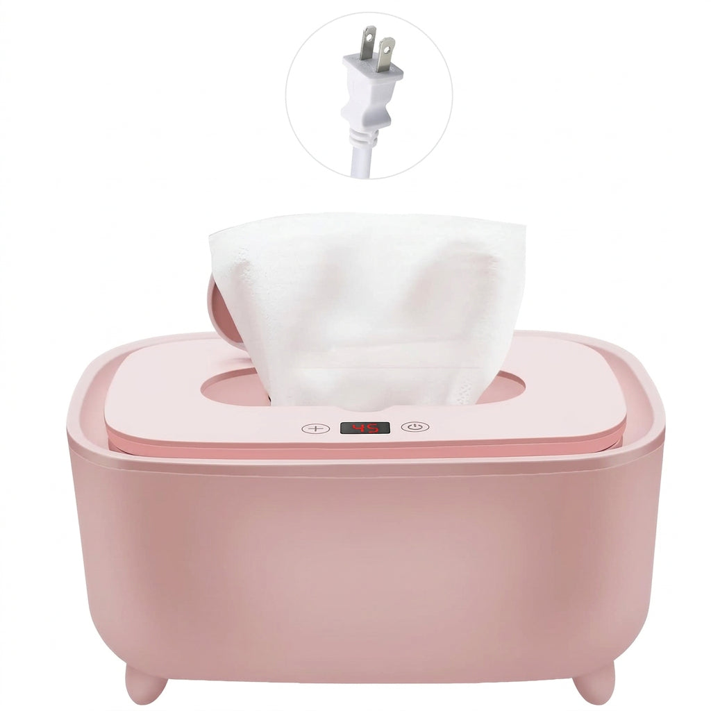 Pink electric baby wipe warmer with a rectangular body and top dispensing opening.