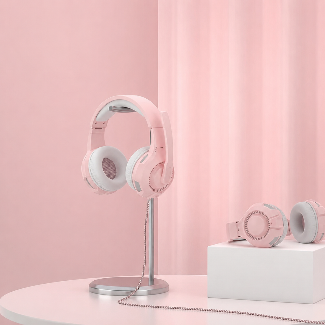 Pink gaming headphones front view with over-ear cushions