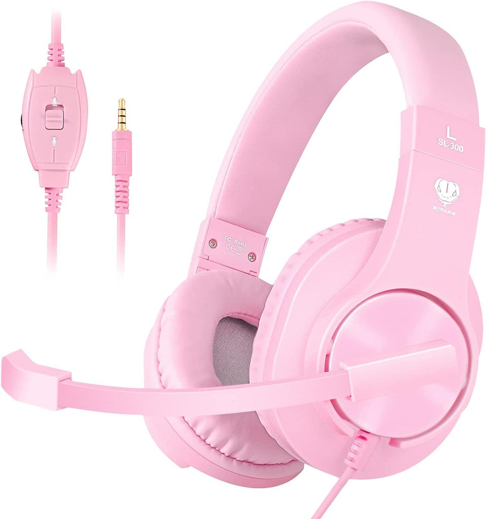 Pink gaming headset front view with microphone for kids and girls
