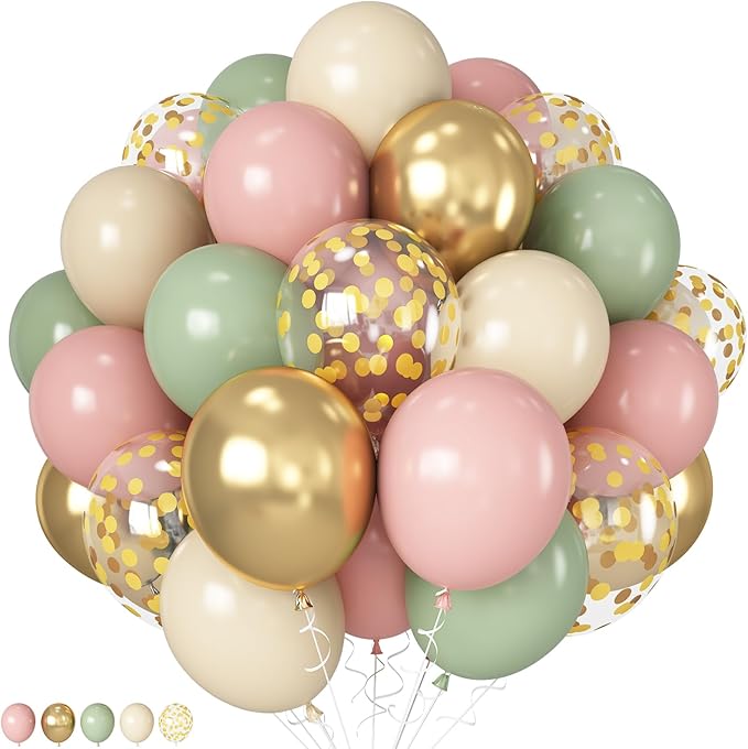 Pink green balloon decoration set with sage green and gold confetti balloons