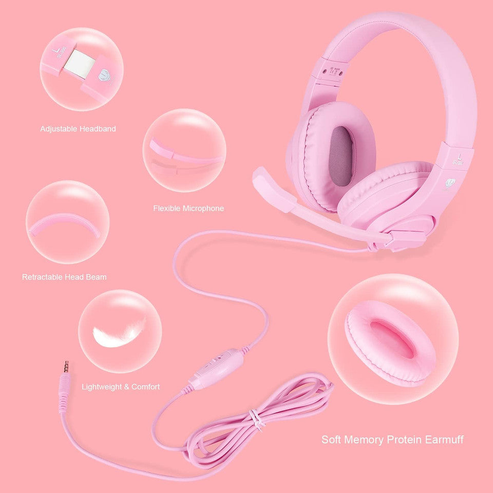 Adjustable microphone on pink kids gaming headset