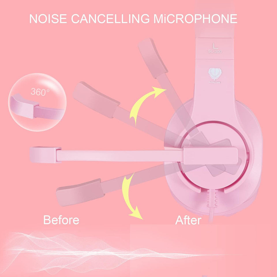 Child using pink headset for online classes and gaming