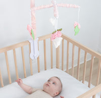 Size details of pink musical cot mobile with hanging toys
