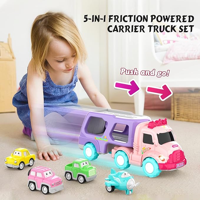 Pink toy truck with cars set for girls light and sound