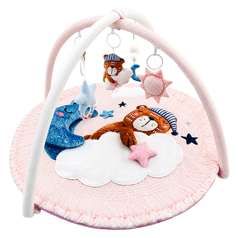 Pink baby play gym with soft hanging toys and padded infant play mat