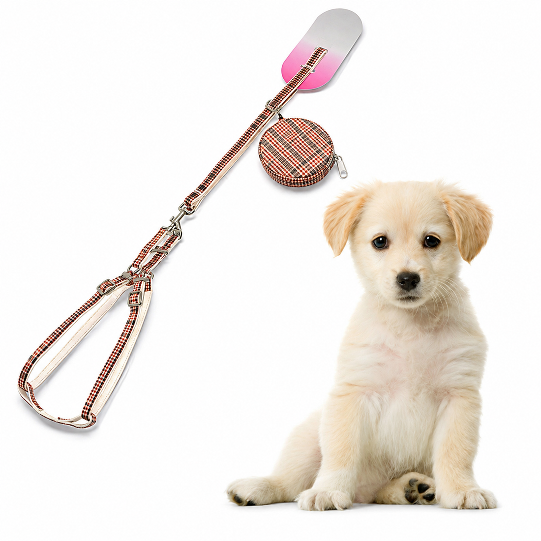 Plaid dog leash set with matching harness and snack bag