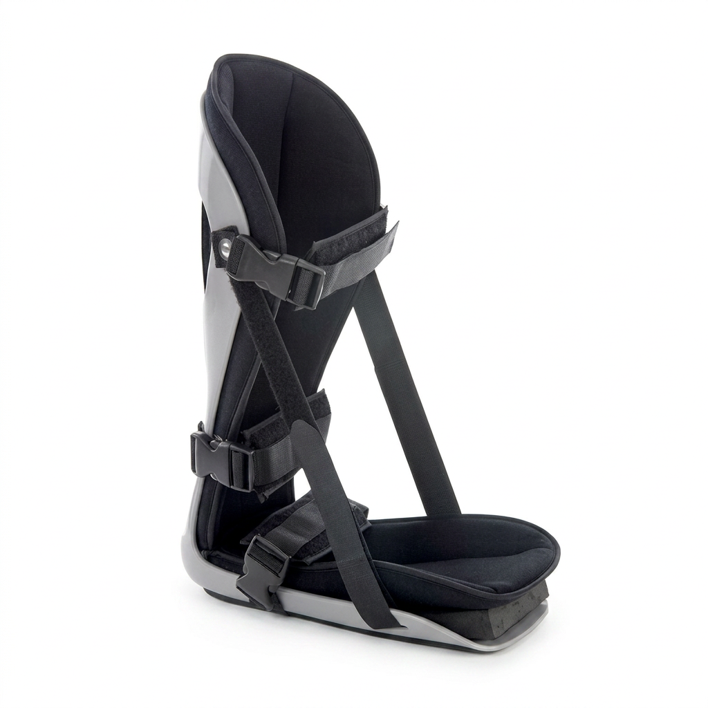 Front view of plantar fasciitis adjustable leg support brace for right or left foot, providing pain relief and arch support
