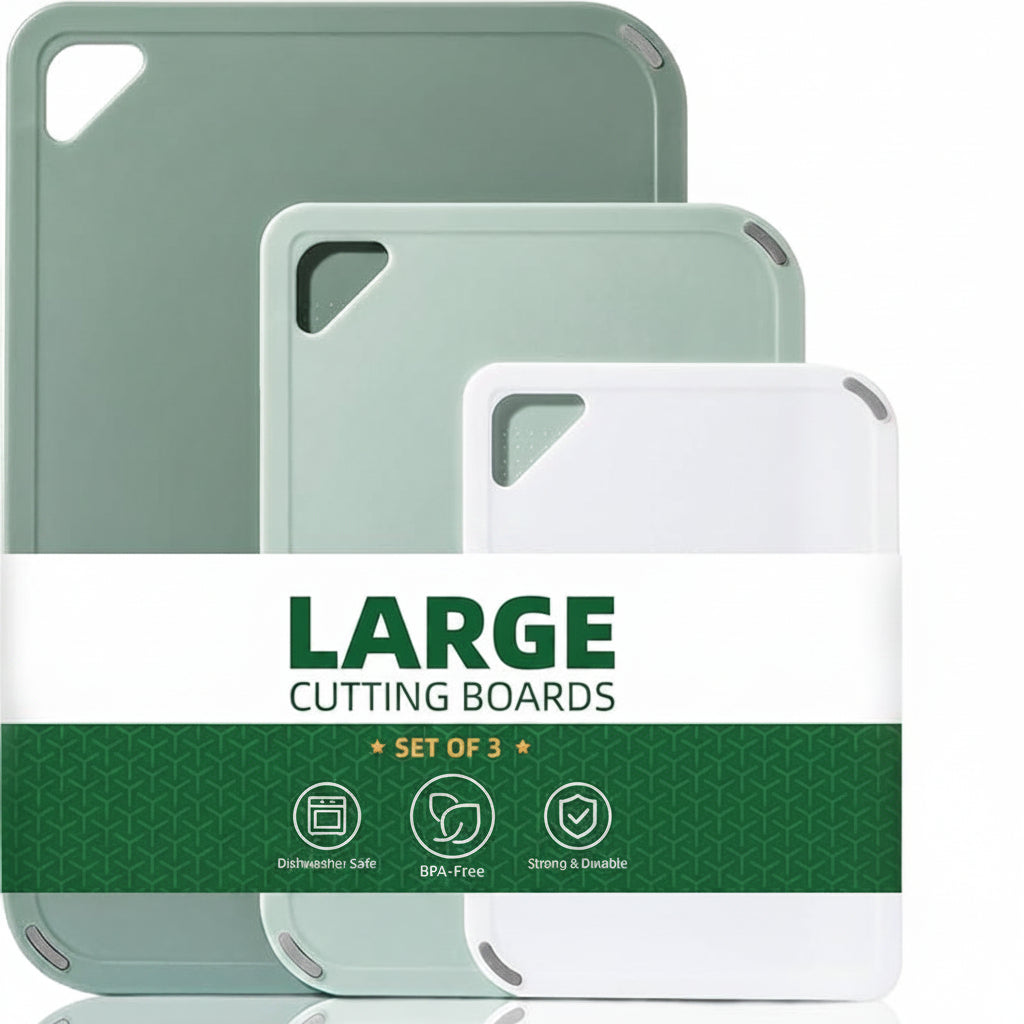 Sage green plastic cutting board set of three with grip handles