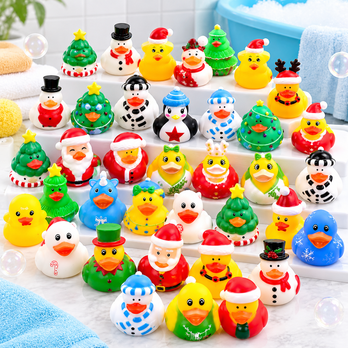 Close-up of Santa, snowman and penguin duck designs with decorative holiday details