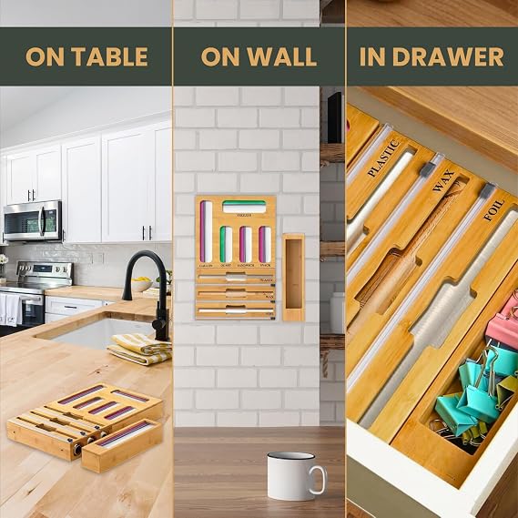 Plastic wrap and wax paper organizer for kitchen storage
