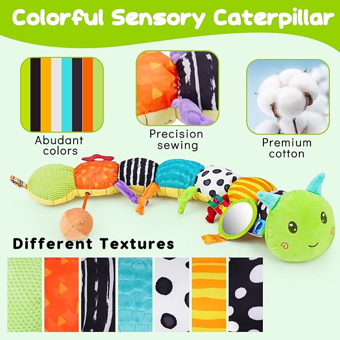 Plush baby toy for tummy time with crinkle and rattle features