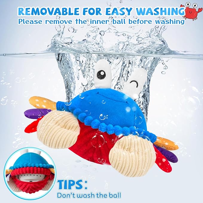 Soft plush crab toy for supervised tummy-time activities