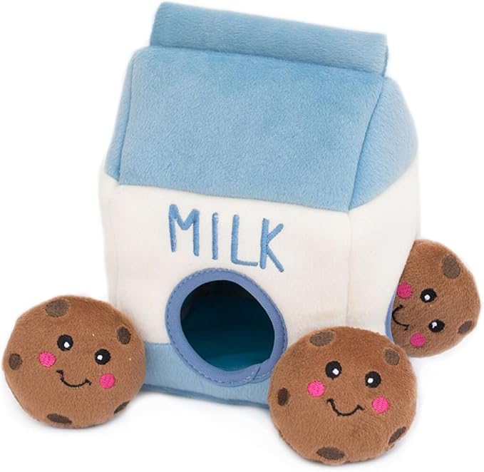 Plush dog activity toy with milk and cookie theme