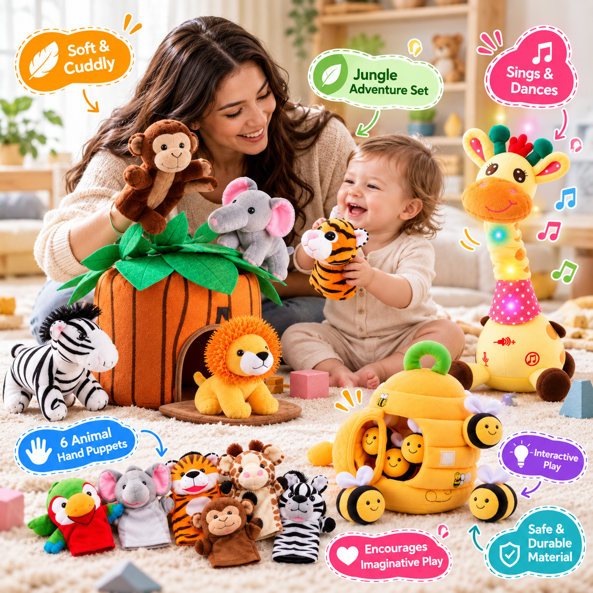 Soft jungle animal carrier set with elephant, tiger, lion, zebra and monkey toys