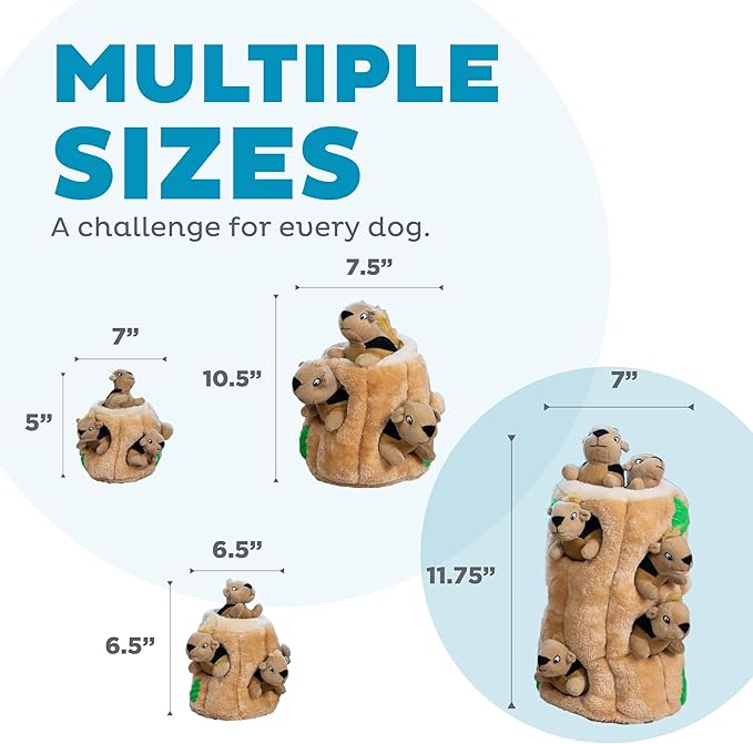 Plush tree trunk dog toy with squirrel pieces