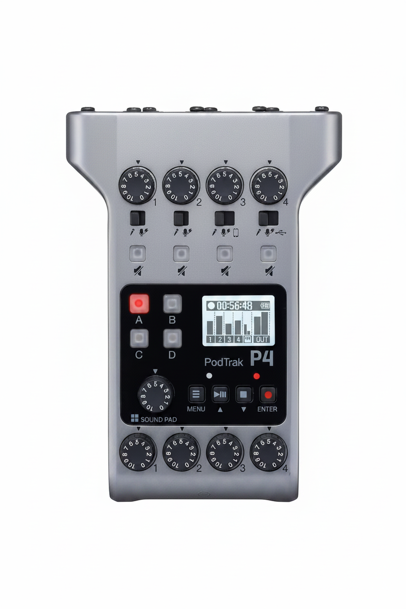 Podcast audio mixer with 4 XLR mic inputs