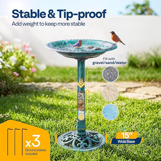 Polyresin bird bath with 20 inch bowl, suitable for garden, patio, yard, and lawn use.