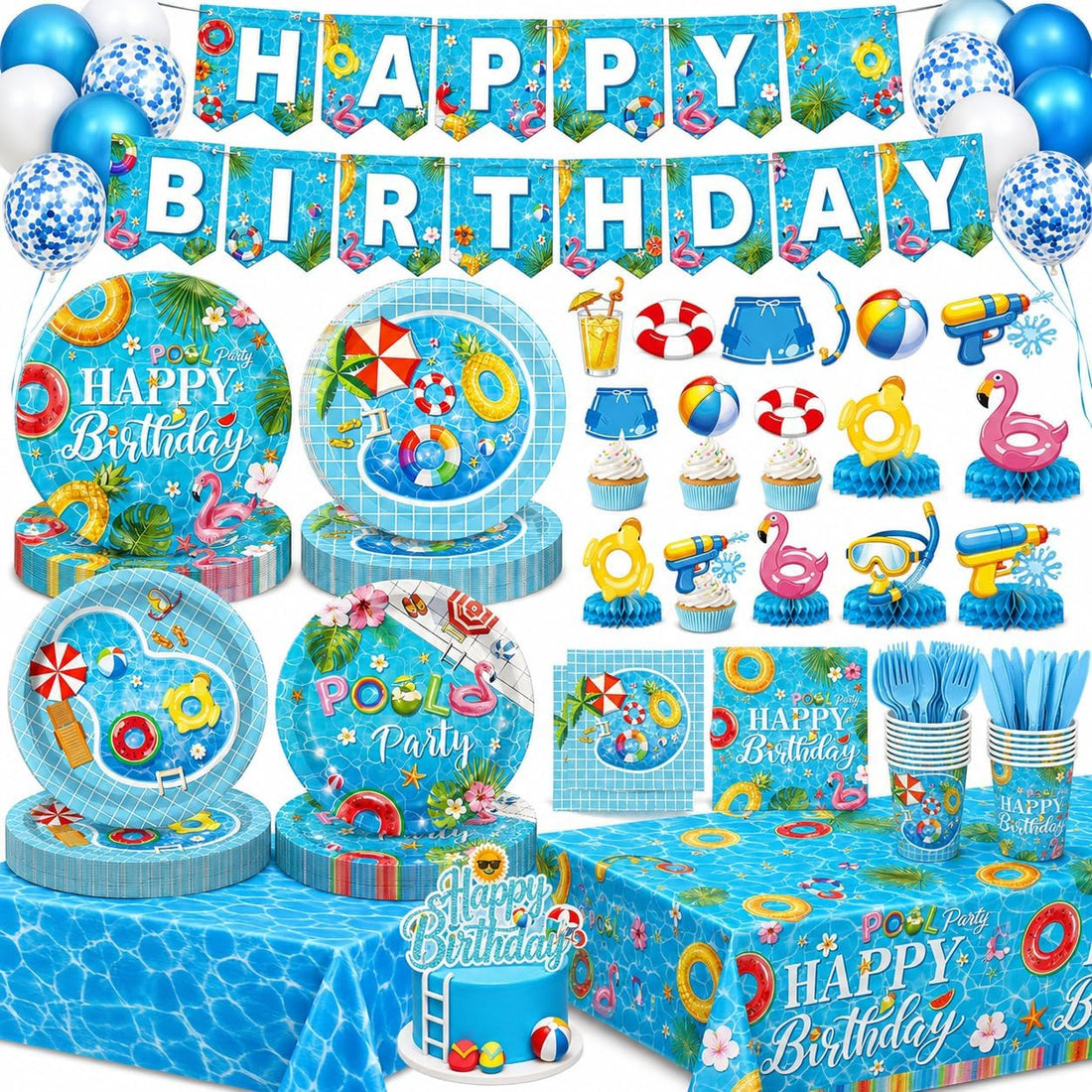  Pool birthday party decorations set with plates cups balloons and accessories