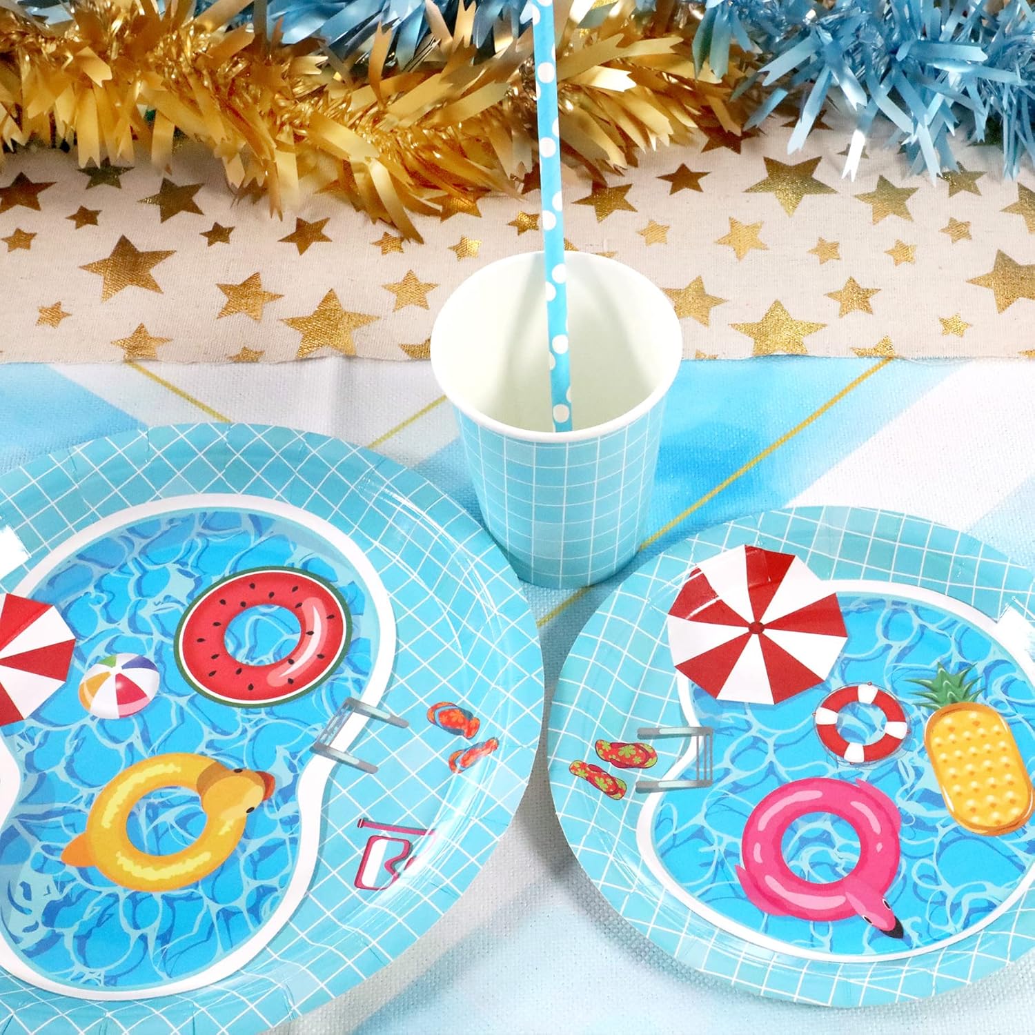  Pool party plates cups and napkins set for guest events