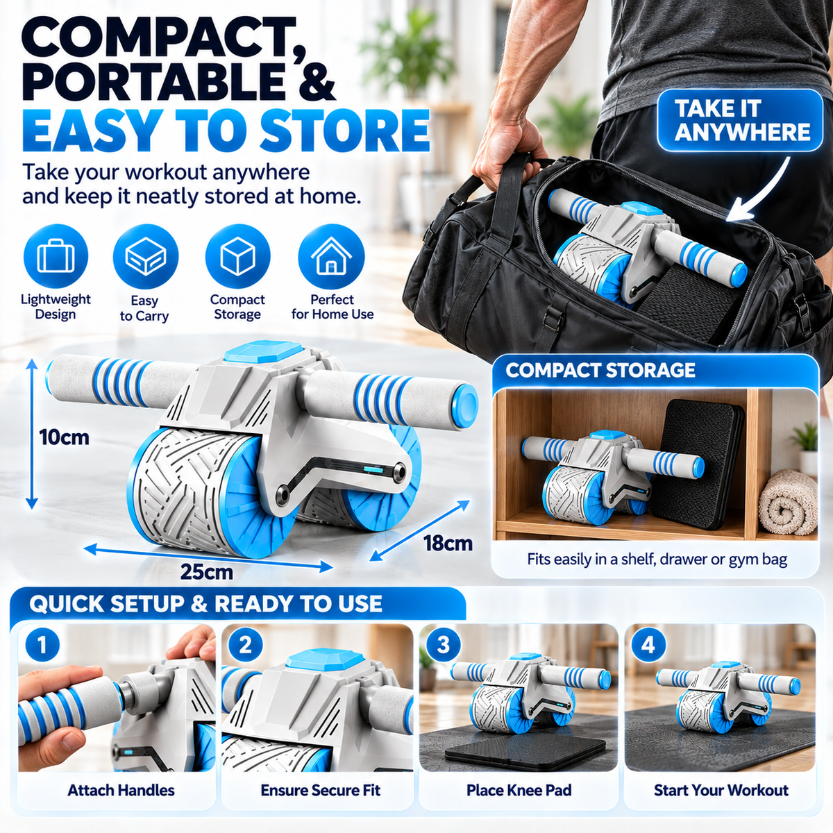 Compact ab roller fitness equipment suitable for indoor workout spaces.