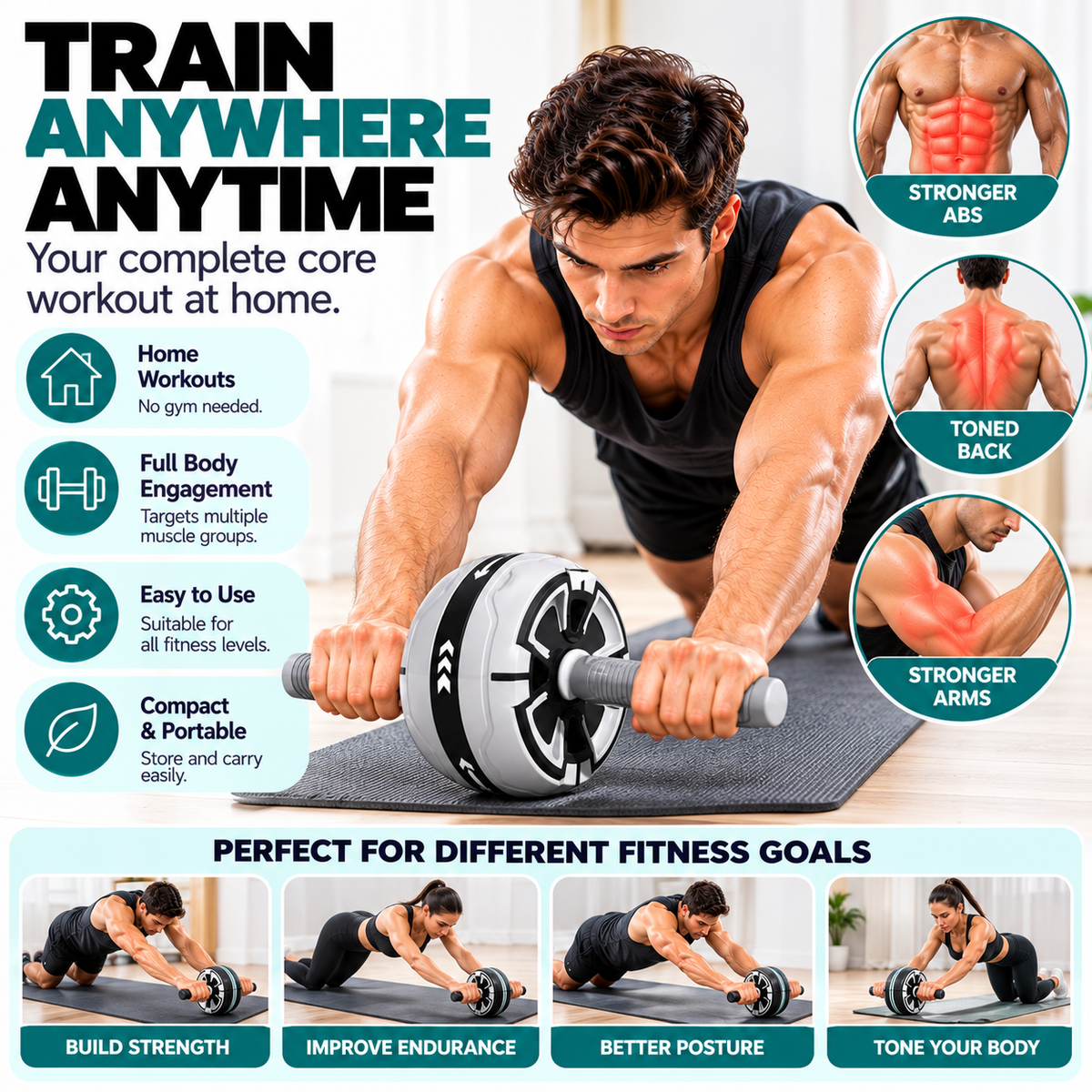Portable abdominal exercise wheel suitable for home gym and indoor fitness sessions.