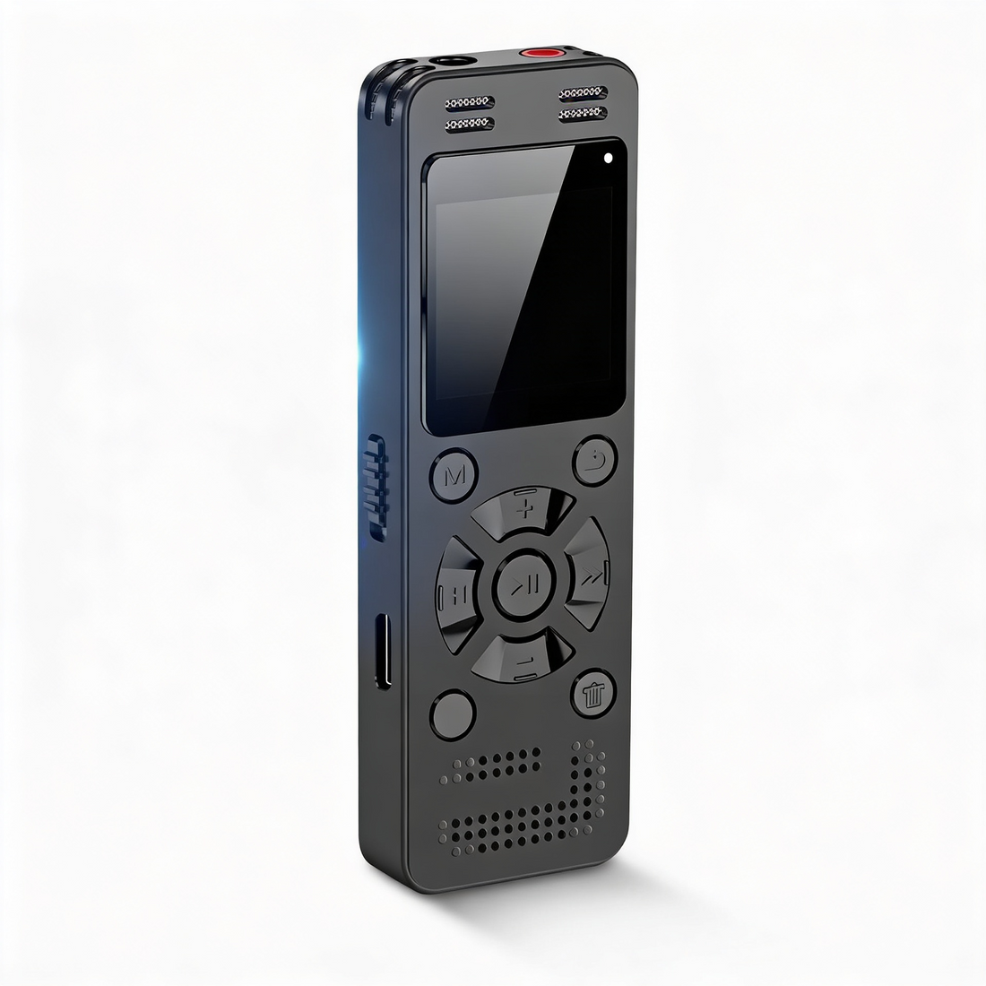 Front view of portable digital audio device showing playback buttons and display