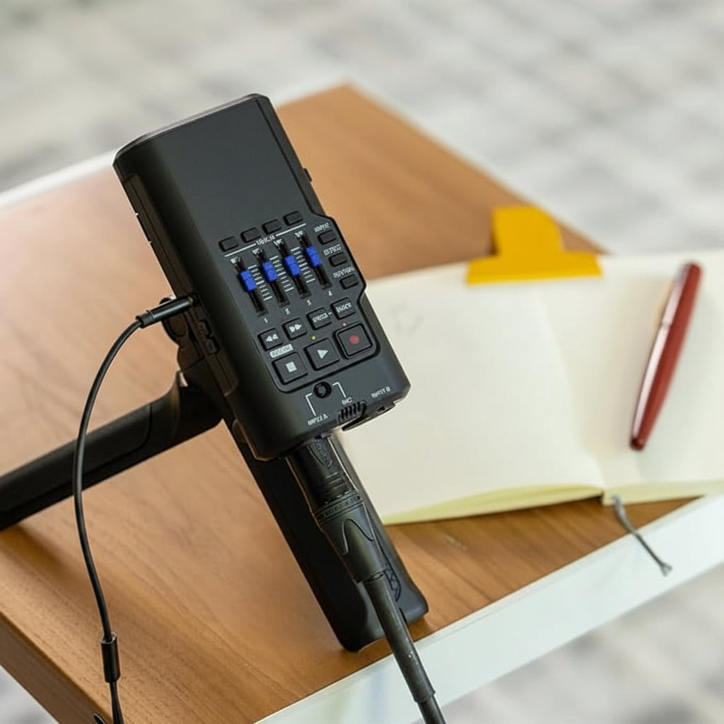 Portable audio interface placed on a desktop with microphone and headphones