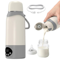 Cream and grey portable baby bottle warmer with digital temperature display and carrying handle