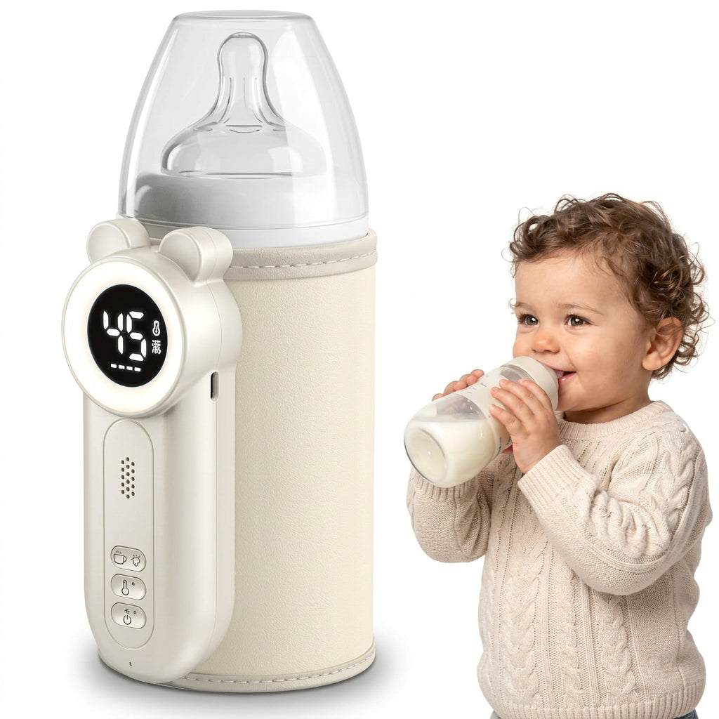 Cream portable baby bottle warmer with circular digital temperature screen and transparent cover