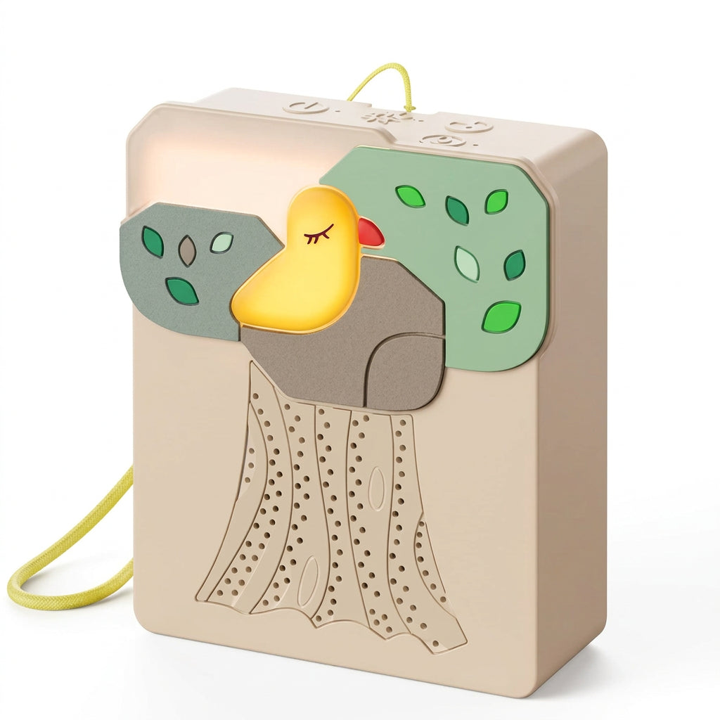 Beige portable baby sound machine with green tree leaves and yellow bird decoration