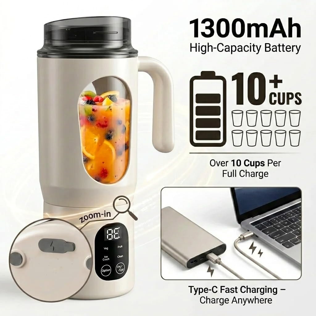 Rechargeable portable blender preparing a single-serve fruit smoothie