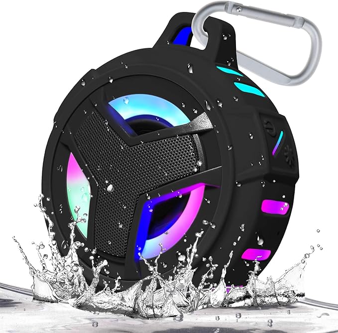 Portable Bluetooth speaker with LED light in black front view