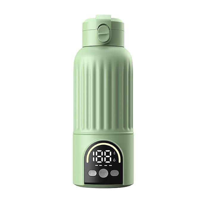Sage-green portable bottle warmer with ribbed body, digital display and top closure